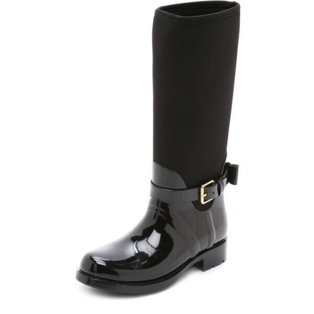 Kate Spade Women Size US7 M Black Bliss Rain Boot Rubber Neoprene Bow Tall Boots